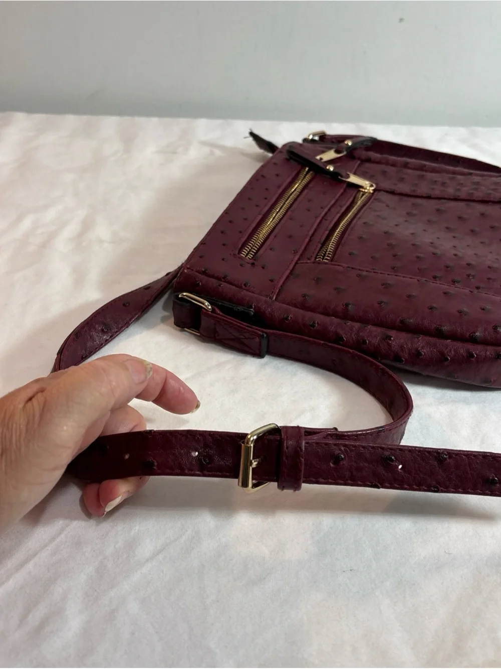Cato Women's Crossbody Bag in Burgundy Faux Ostrich Leather - Classic Everyday
